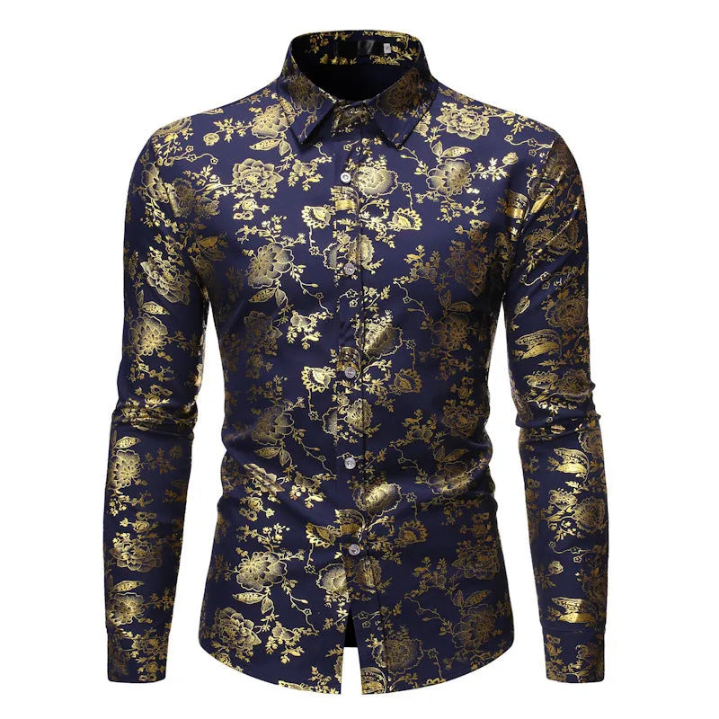 Men's metal bronzing printed lapel shirt cardigan in wine red colour with regular fit