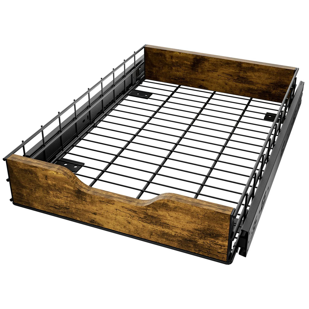 Black pull basket drawer storage rack with wood and iron construction
