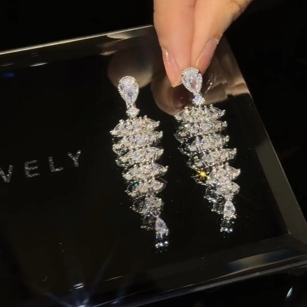 Silver plated Christmas tree drop earrings with sparkling zircon stones on copper stud posts