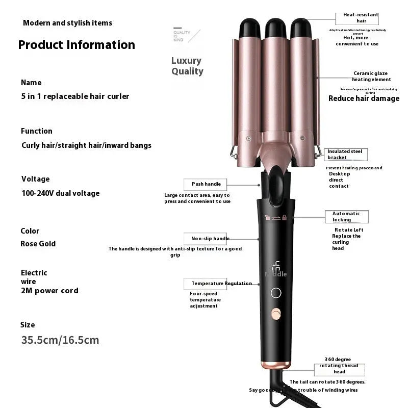 Rose gold five-barrel interchangeable hair curler with LCD screen and protective gloves