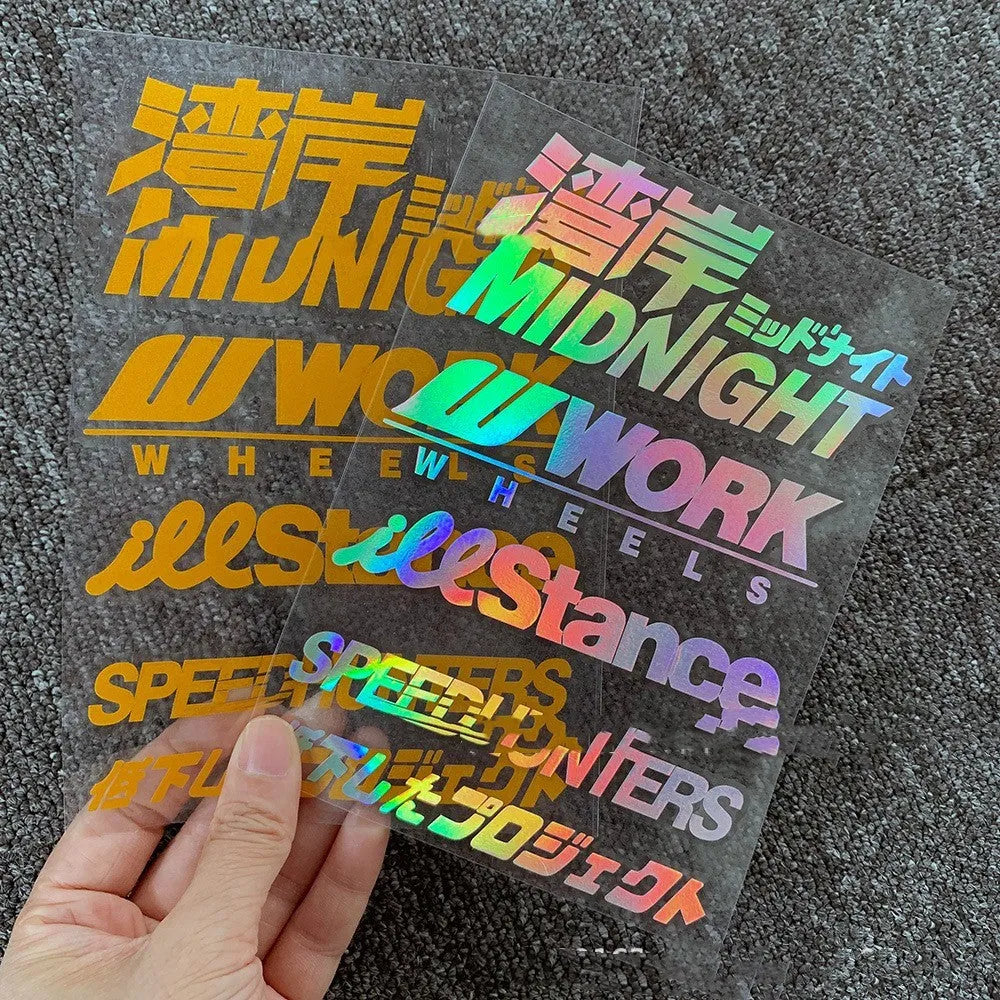 Reflective motorcycle bumper sticker measuring 16cm by 11cm on PET material in fluorescent and reflective colour options.