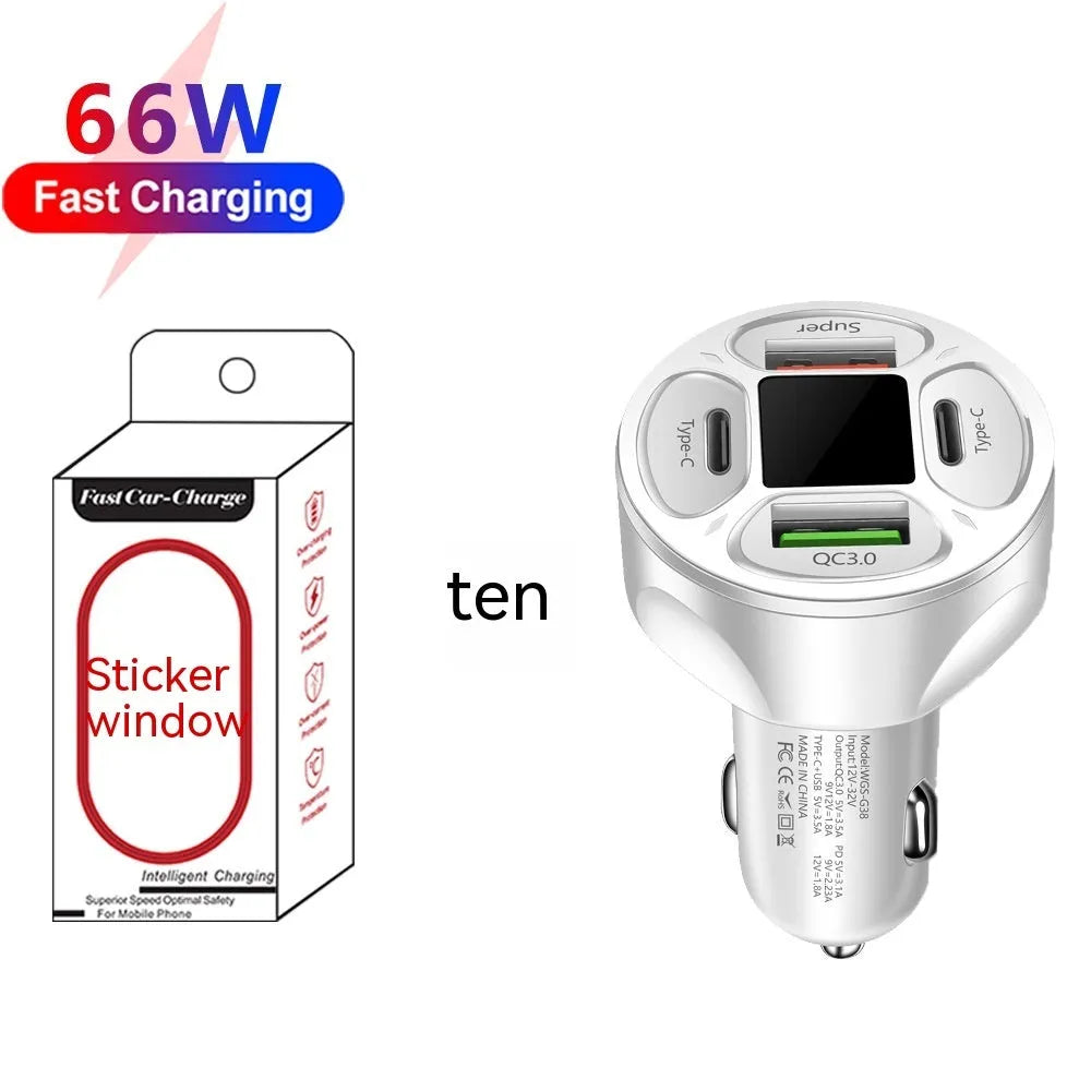 66W digital display car charger with four USB and Type-C ports for fast charging