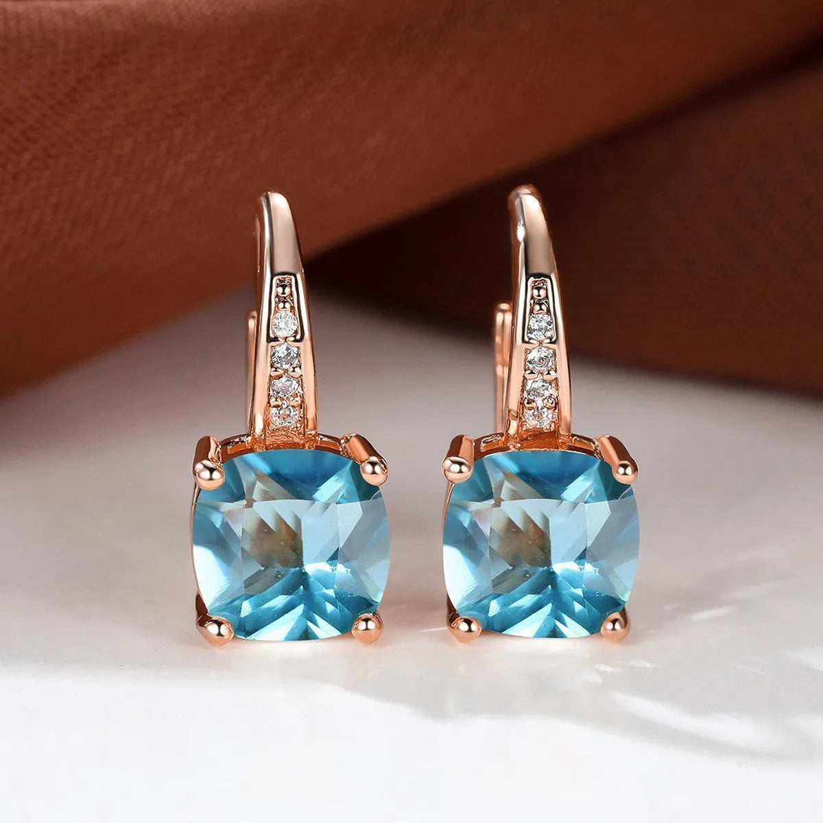 Square zircon geometric ear hook earrings in electroplated copper with Korean style design