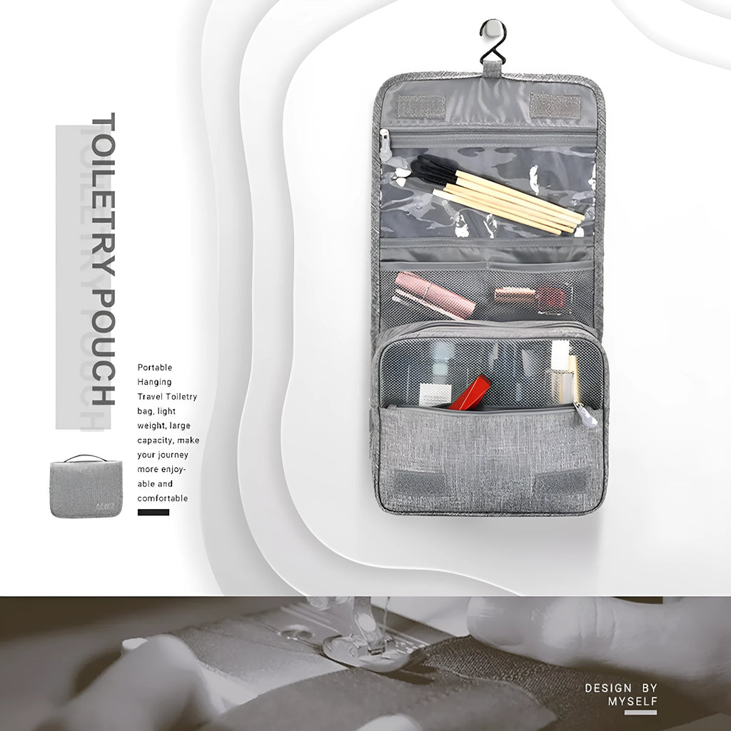 Travel hanging toiletry bag with four compartments and 360 swivel hook, water-resistant nylon, available in multiple colours