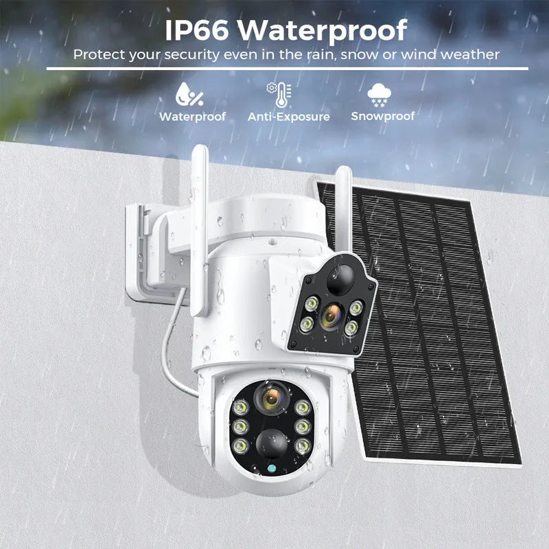 White solar-powered outdoor wireless security camera with solar panel on wall mounting