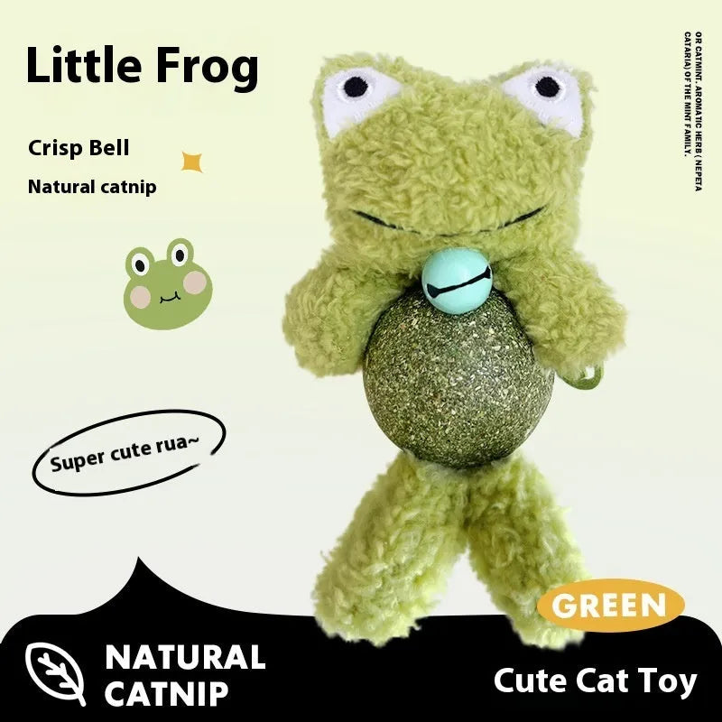 Plush cat toy shaped with catnip ball and bell inside, shown in one of four animal colour designs