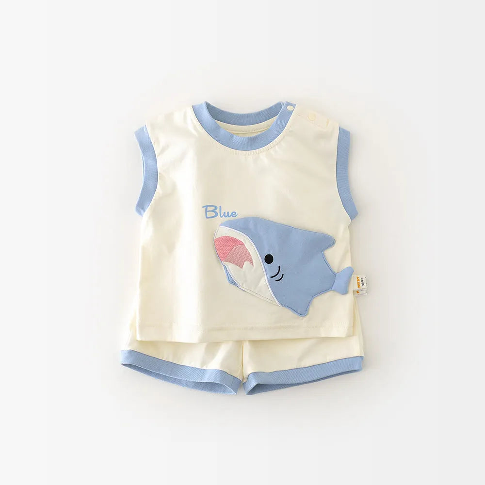 Blue shark cartoon vest and shorts set for toddlers, cotton blend pullover summer suit