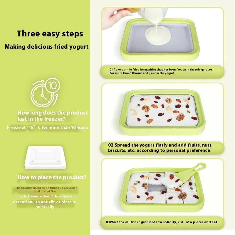 Green children's DIY fried yogurt machine with aluminium gasket for homemade desserts