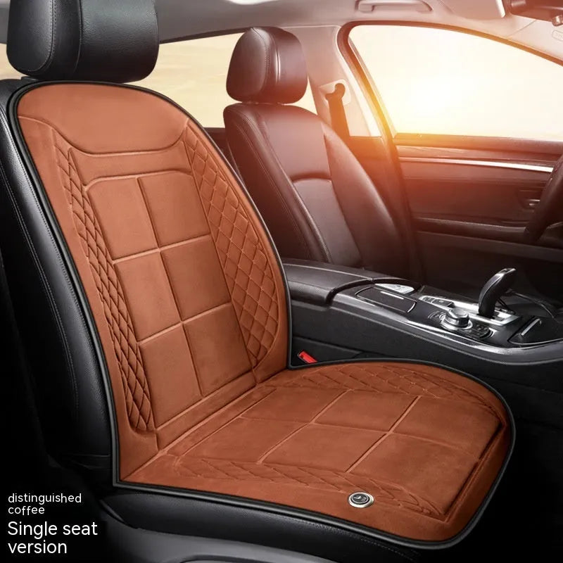 Heated car seat cushion in beige, black, and coffee colours showing single, double, and rear seat size options
