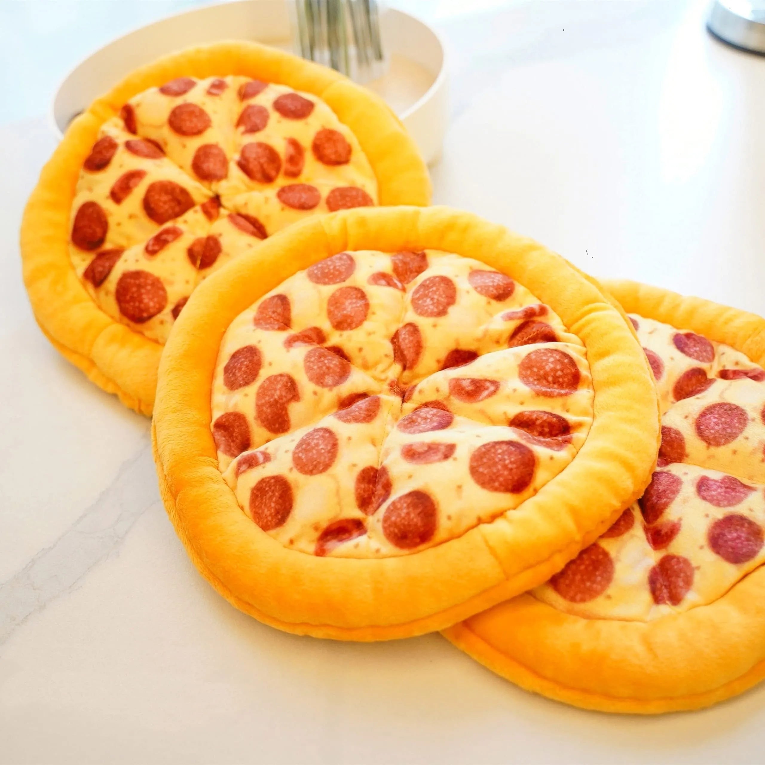 Yellow teddy bear dog toy holding pizza slice squeaky chew toy