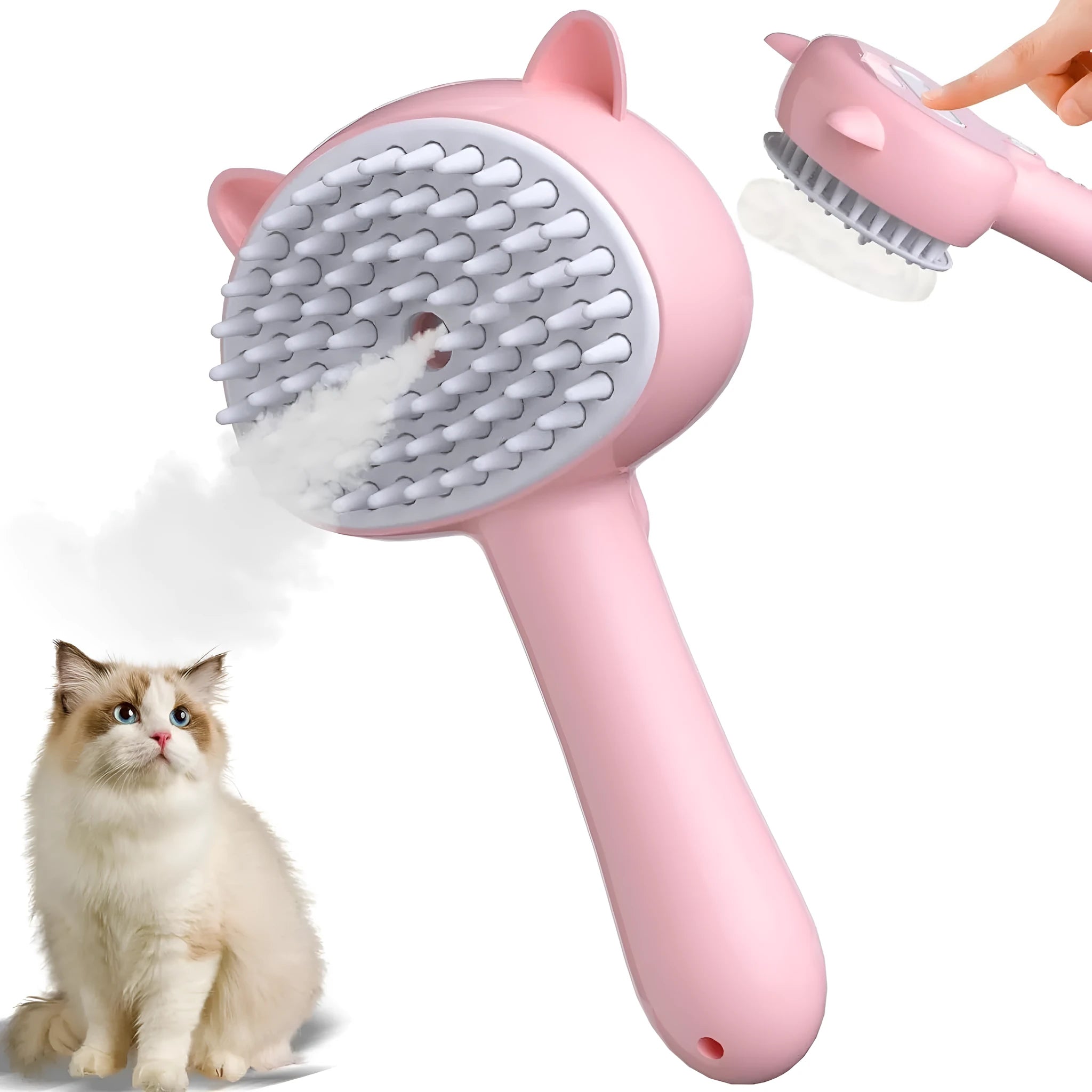 Blue cat steam brush with ergonomic handle, soft rubber teeth, and release button for pet grooming