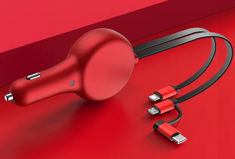 Black retractable car charger with extended cables showing three charging heads and USB port