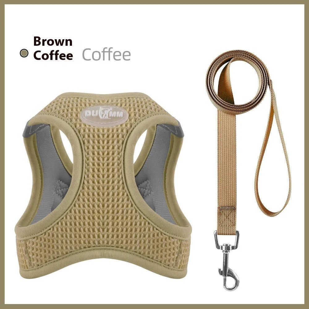 Brown waffle weave cloth pet harness on small dog showing chest strap and hand-held rope