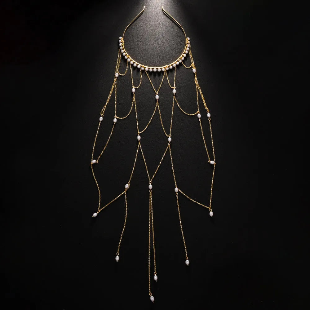 Gold or silver electroplated mesh hair chain with pearl tassel decoration for women