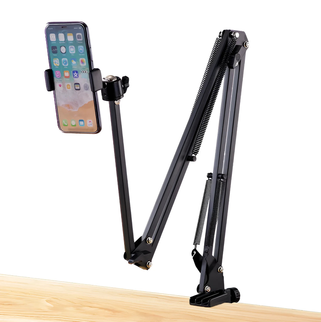 Black foldable metal desktop cantilever bracket holding a tablet, showing adjustable arms and clamping mechanism.