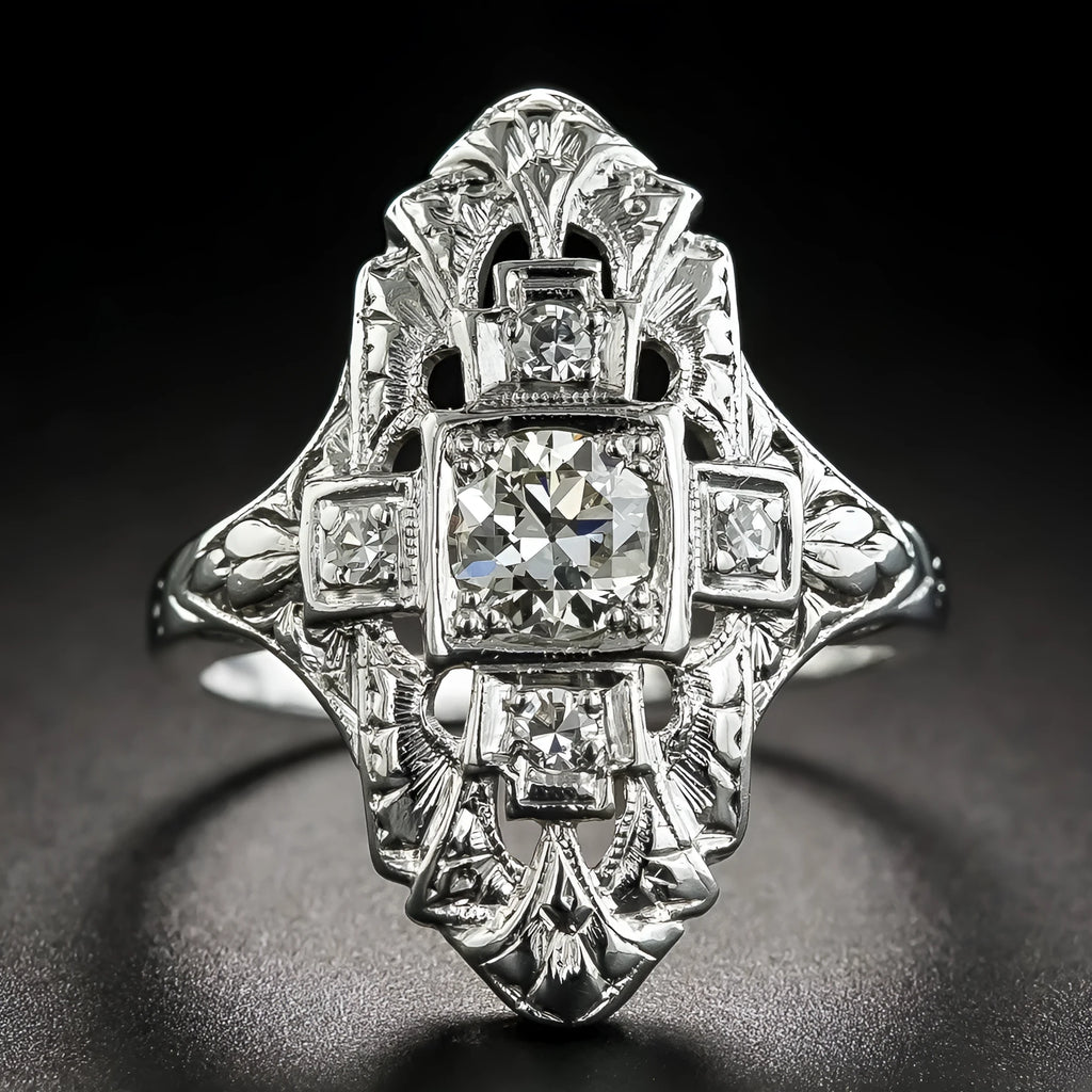Silver electroplated geometric copper ring with hollow out design and diamond stud accents