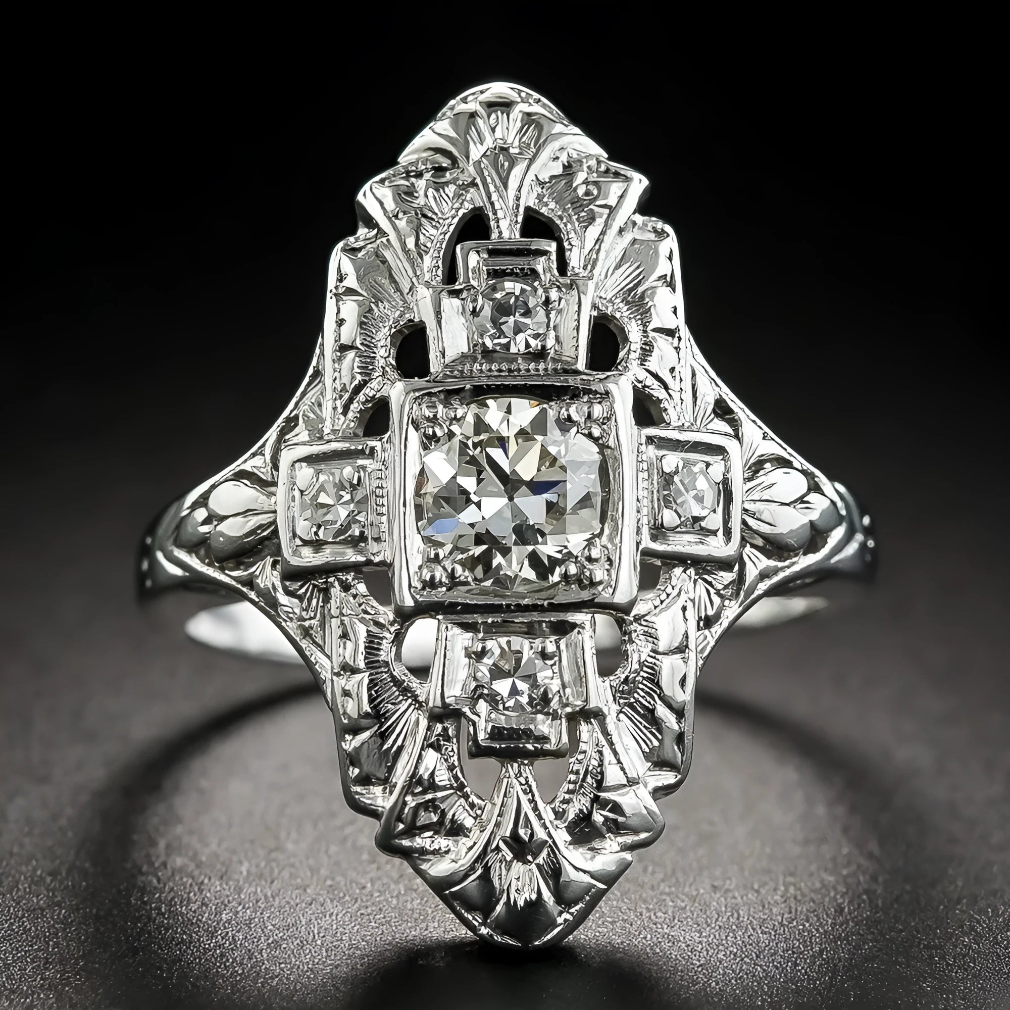 Silver electroplated geometric copper ring with hollow out design and diamond stud accents