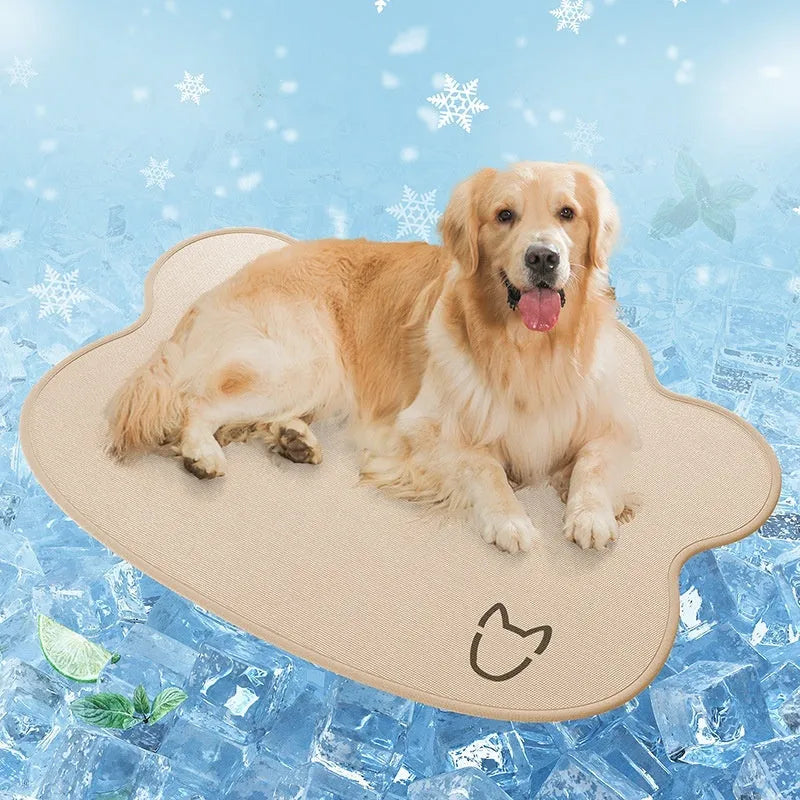 Ice silk dog cooling mat in light grey with non-slip base on a wooden floor