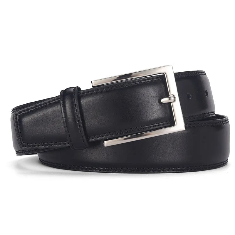 Men's black leather belt with silver alloy pin buckle showing length measurement