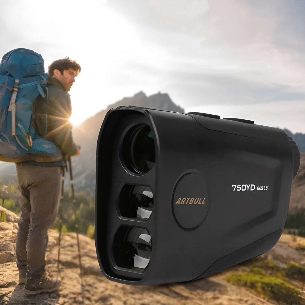 Telescope rechargeable golf laser rangefinder with LCD display showing distance measurement