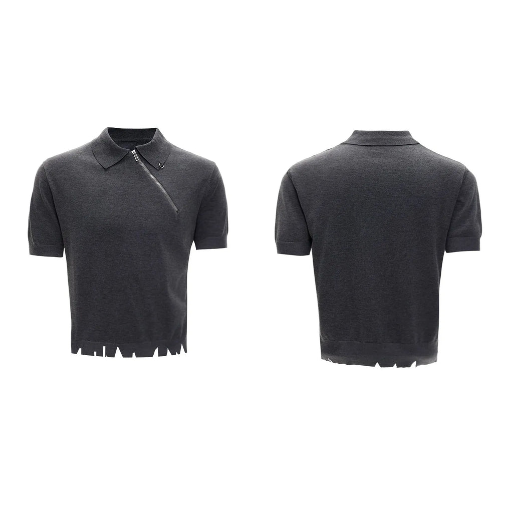 Men's slim-fit polo shirt with oblique zipper and lapel collar in solid colour