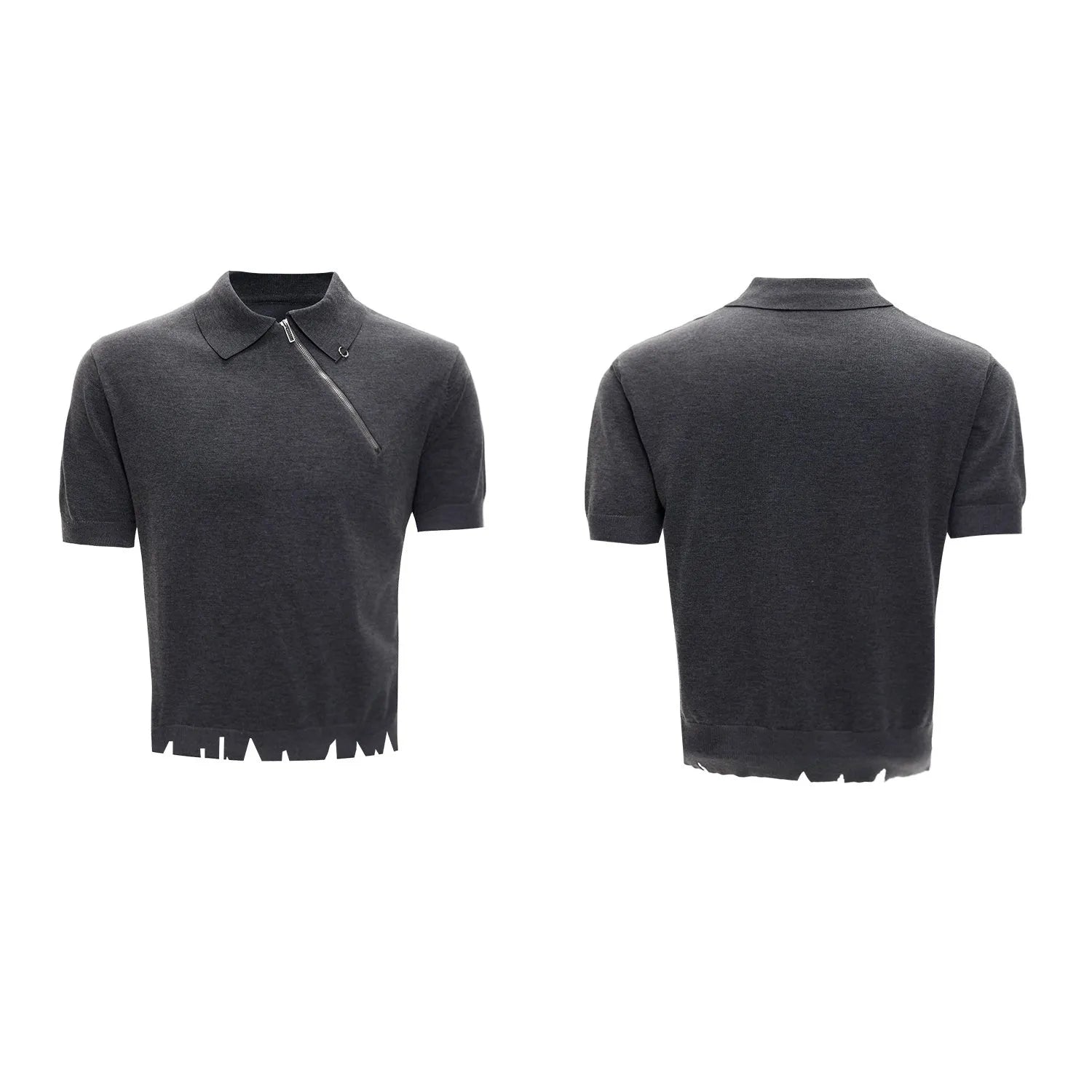 Men's slim-fit polo shirt with oblique zipper and lapel collar in solid colour