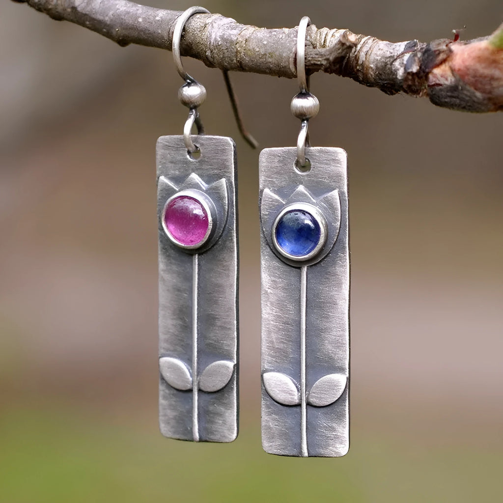 Red sapphire antique finish electroplated drop earrings with geometric ellipse pendant retro jewellery