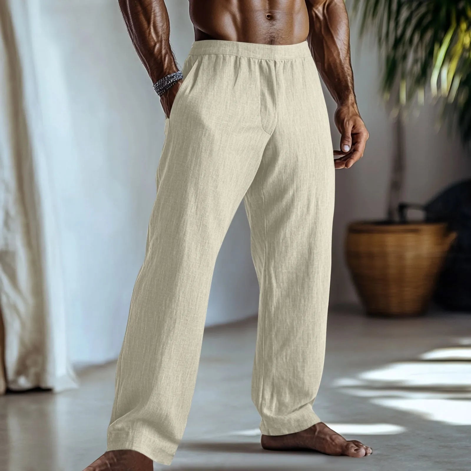 Straight-leg cotton linen casual trousers in various solid colours on a hanger.