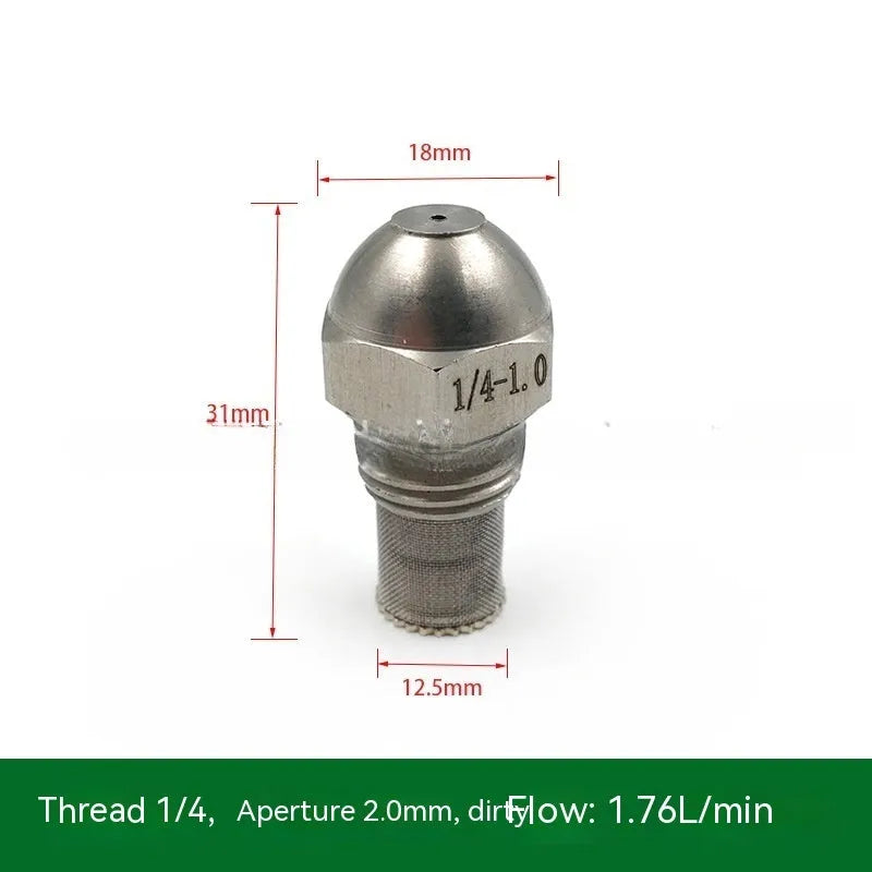 304 stainless steel two-point spray nozzle with 1/4 inch thread and selectable aperture sizes for atomisation.