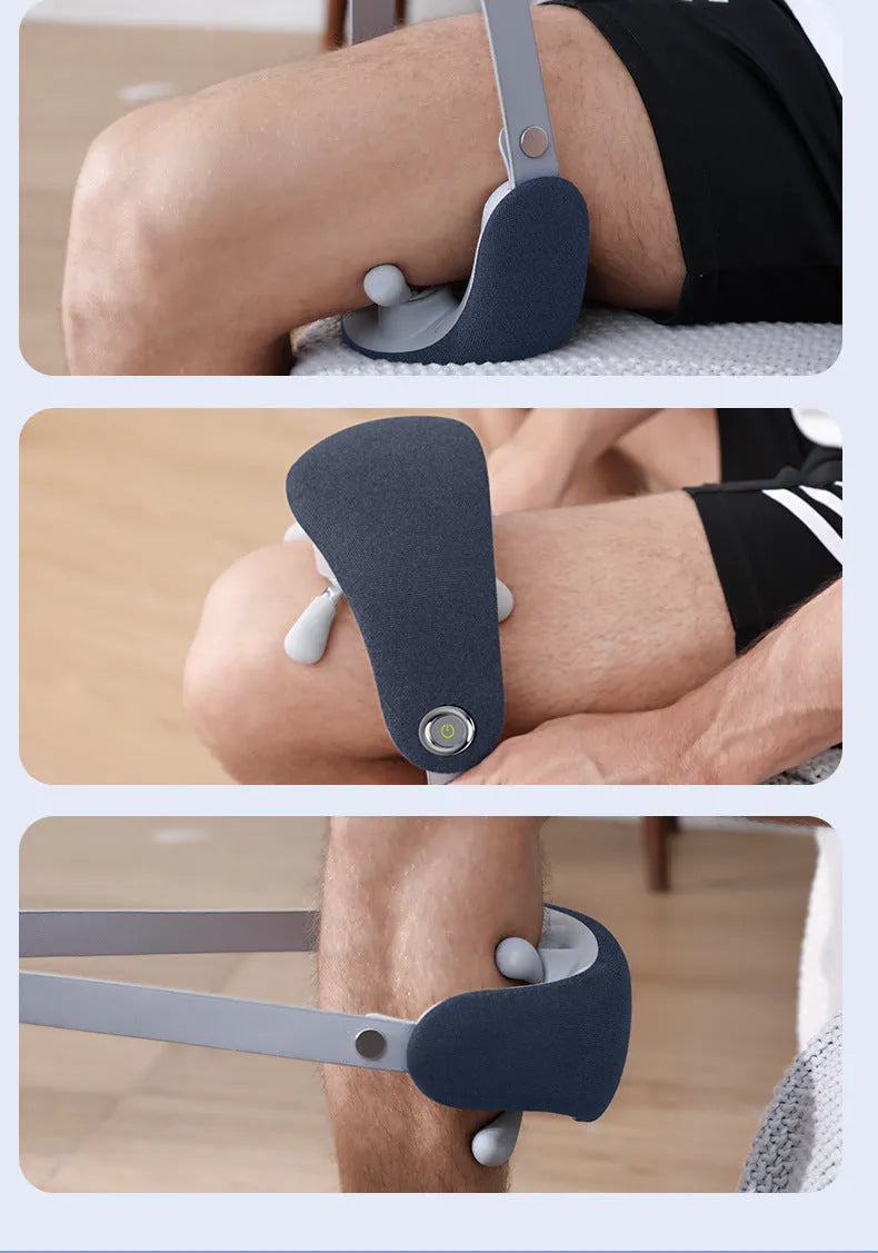 Dark blue rechargeable neck massager with imitation hand grip for home use on a neutral background