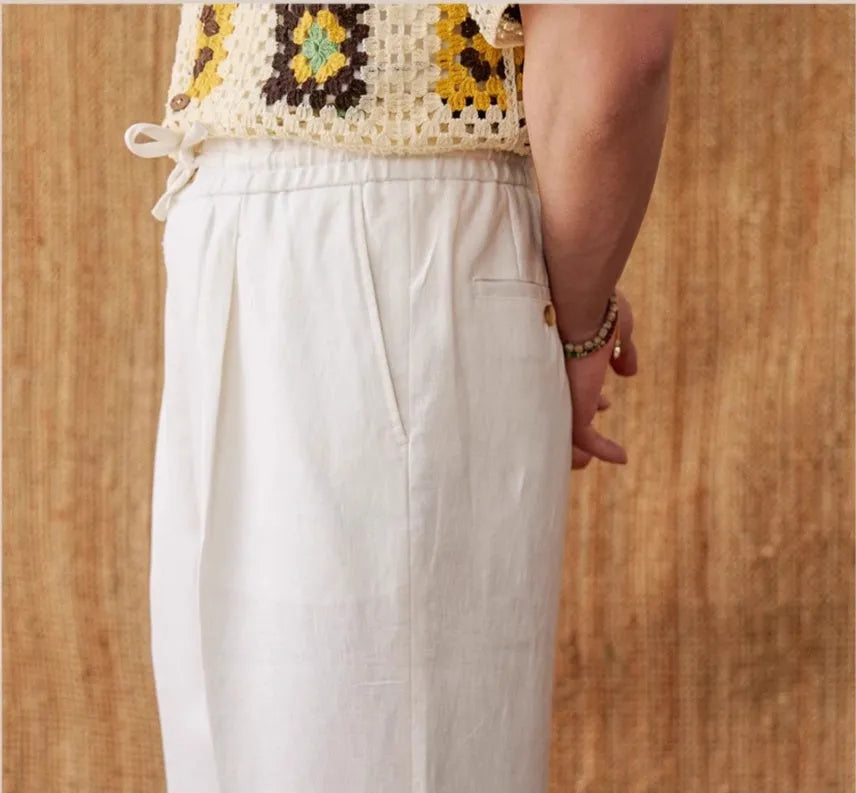 Linen straight-leg trousers with lace detail and an elasticated high waistband in greige.
