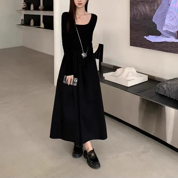 Women's black knitted dress with square collar, long sleeves, elastic waist, and A-line long skirt