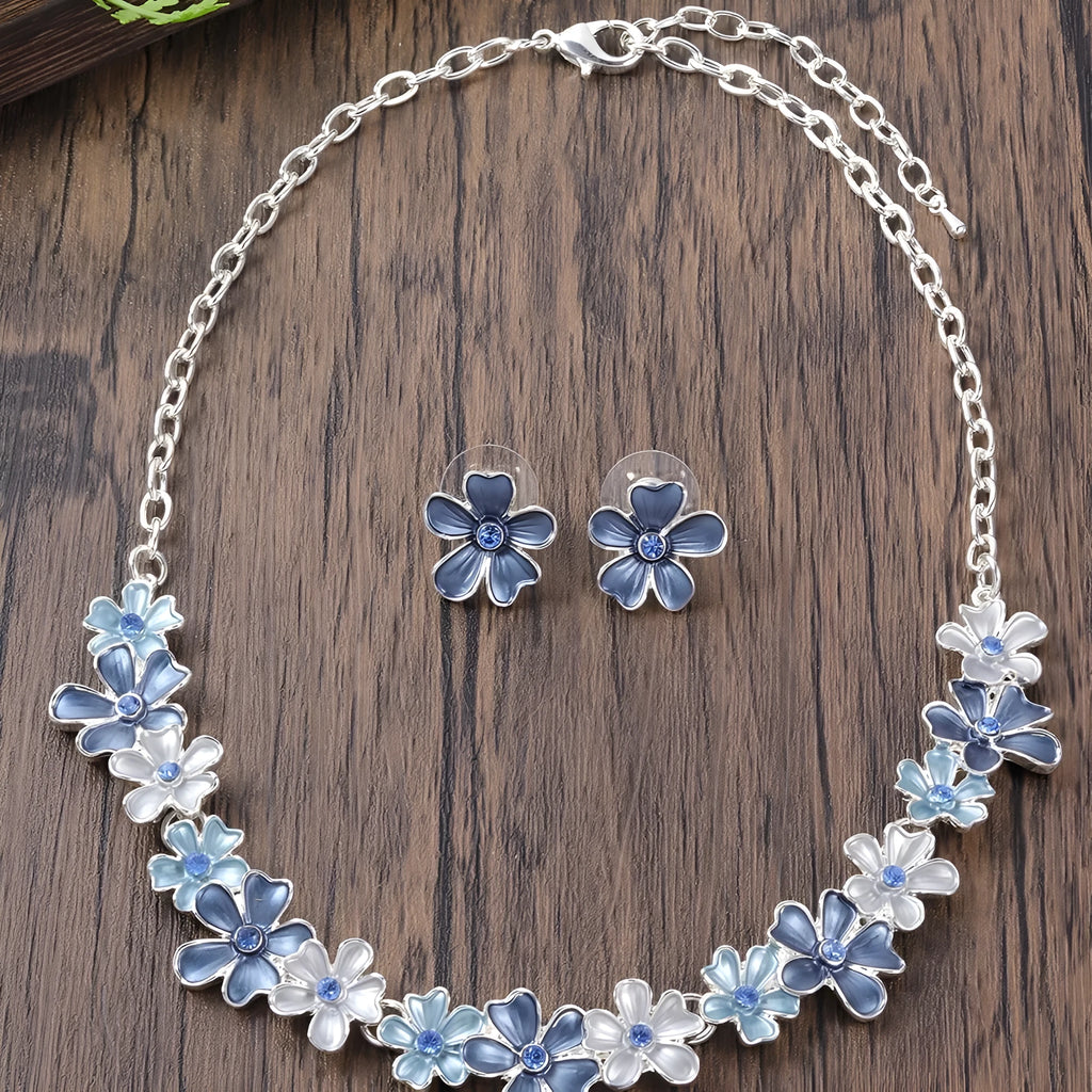 Zinc alloy flower stitching colourful oil necklace and earring set for women with cross chain style