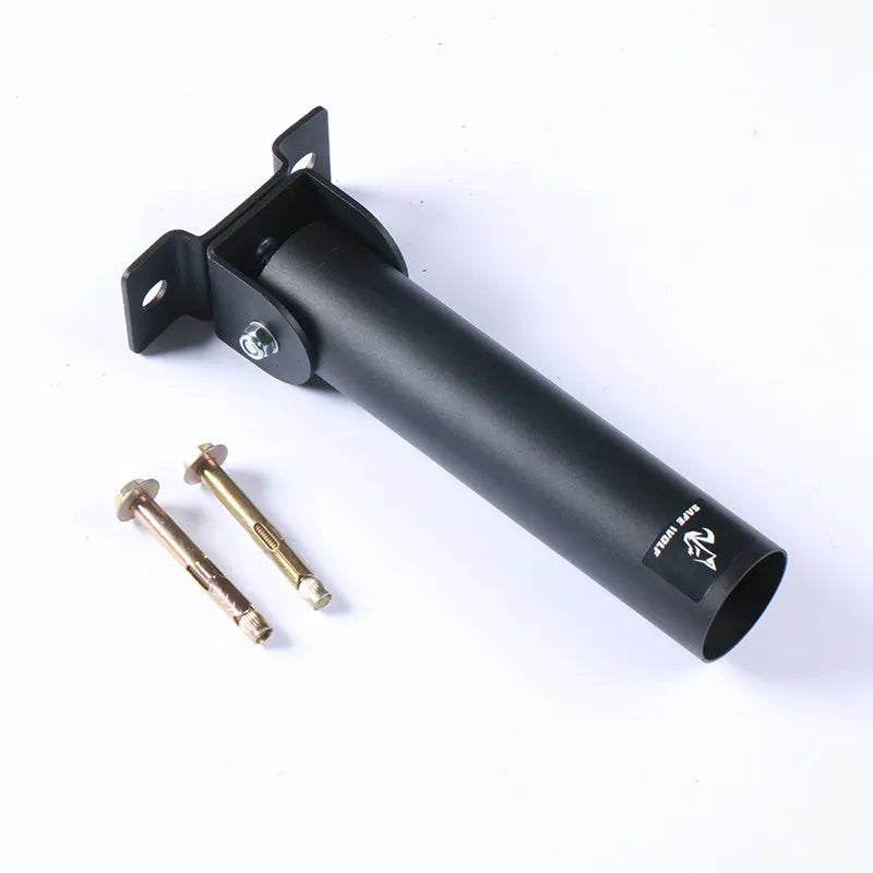 Steel wall-mounted rack with 25 tubes for storing barbell rods or gun barrels.