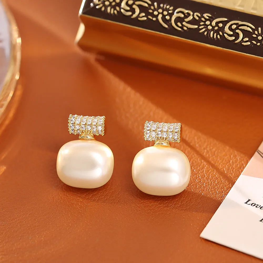 Cubic sugar pearl necklace and stud earrings set with real gold plating on copper, adjustable 41-50cm chain
