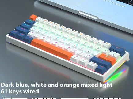 Bluish-black 61-key mechanical keyboard with hot-swappable switches on a desk
