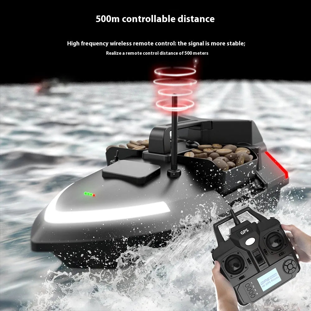 Black and luminous yellow remote control fishing boat with GPS antenna and LED light on bow.