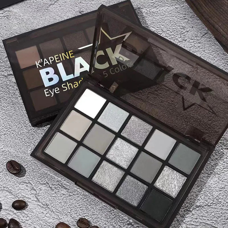 15 colour matte eyeshadow palette with grey, black and brown shades for smoky eye makeup