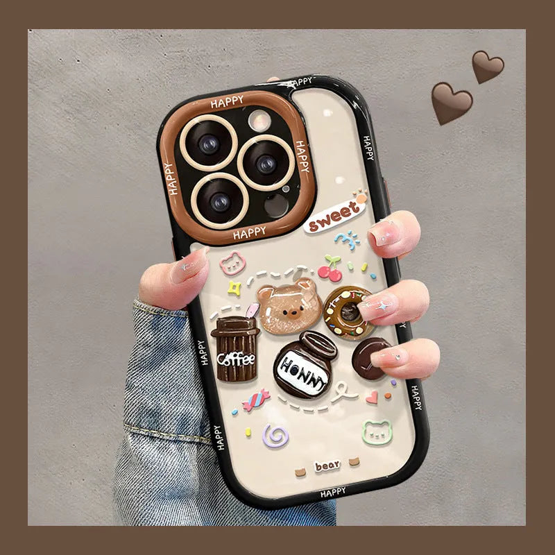 Silicone phone case with 3D coffee bear doll pendant and lanyard for Apple iPhone, cream black