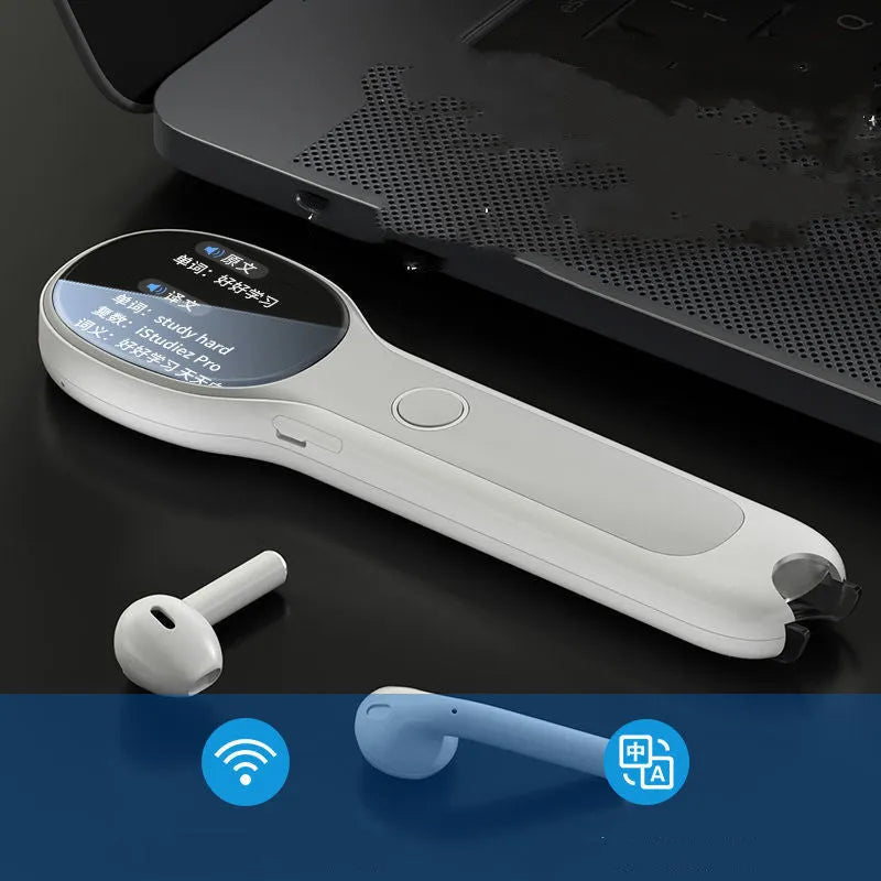 White universal reading pen for English language learning and translation, shown with USB charging cable.