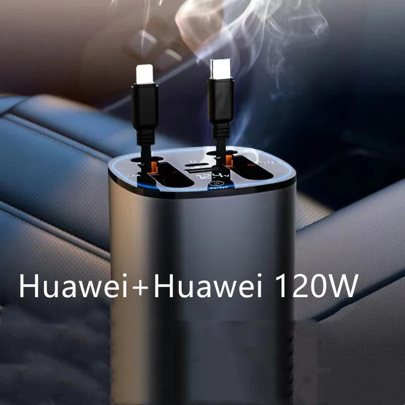 Automatic retractable 120W universal car charger with Type-C connectors for Apple and Huawei devices