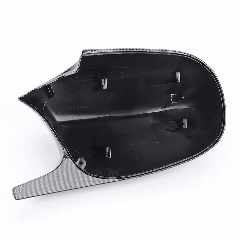 Pair of black ABS rearview mirror shells for BMW 3 Series E90, shown front and back.