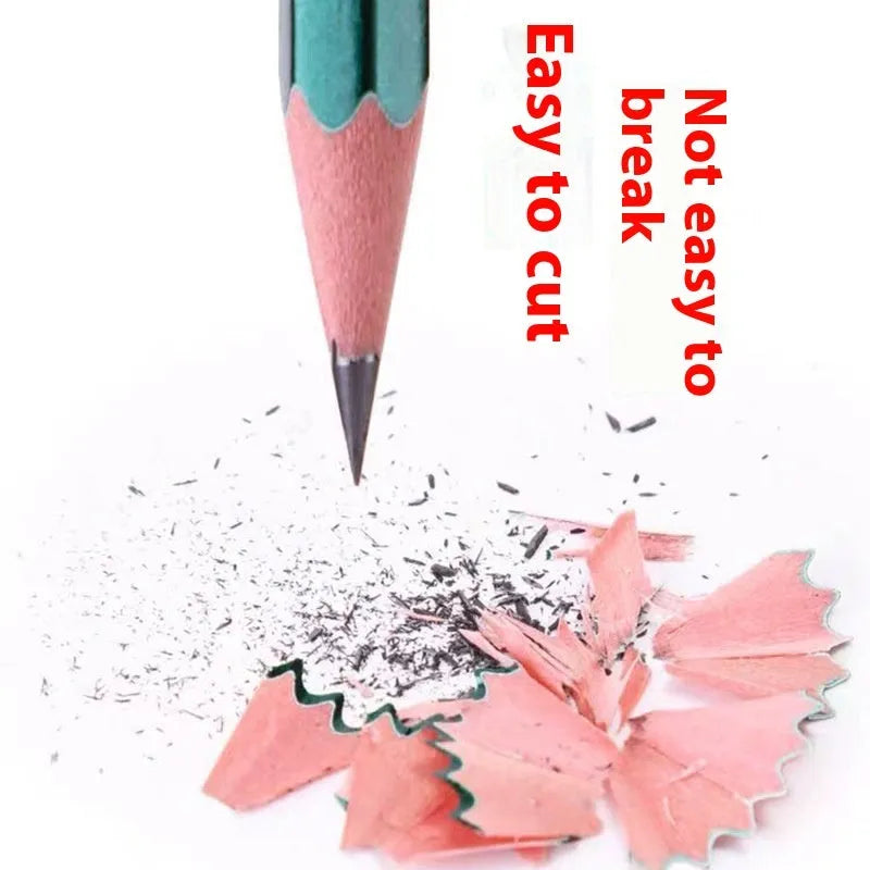 Green wooden pencil set with six-angle shape showing HB and 2B graphite grades