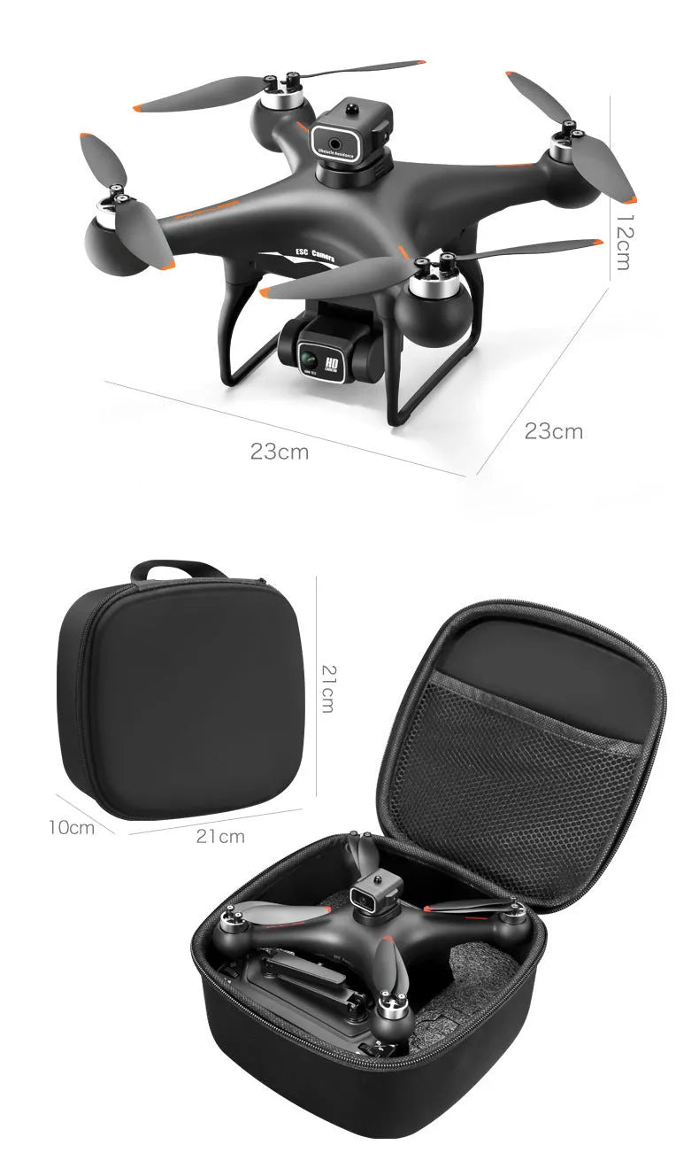 Black HD brushless UAV drone with four-side obstacle avoidance sensors and camera visible on compact plastic frame
