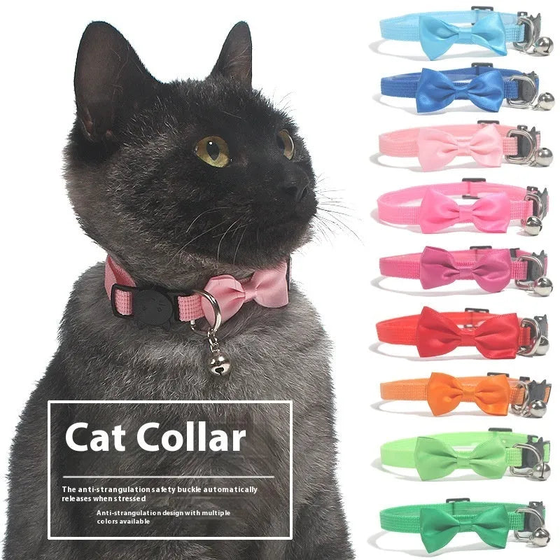 Adjustable nylon cat bow collar with bell in striped pattern, multiple colour options