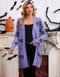 Women's black Halloween cardigan with orange and purple jacquard knitted pumpkin head pattern