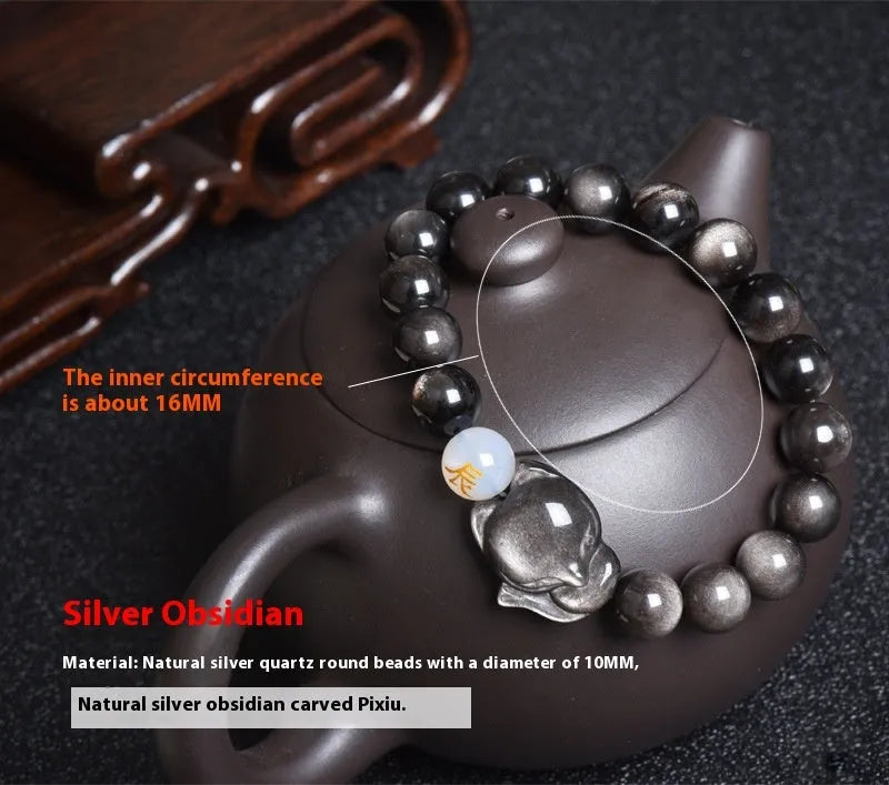 Natural obsidian zodiac guardian bracelet with 10mm beads in three style variations