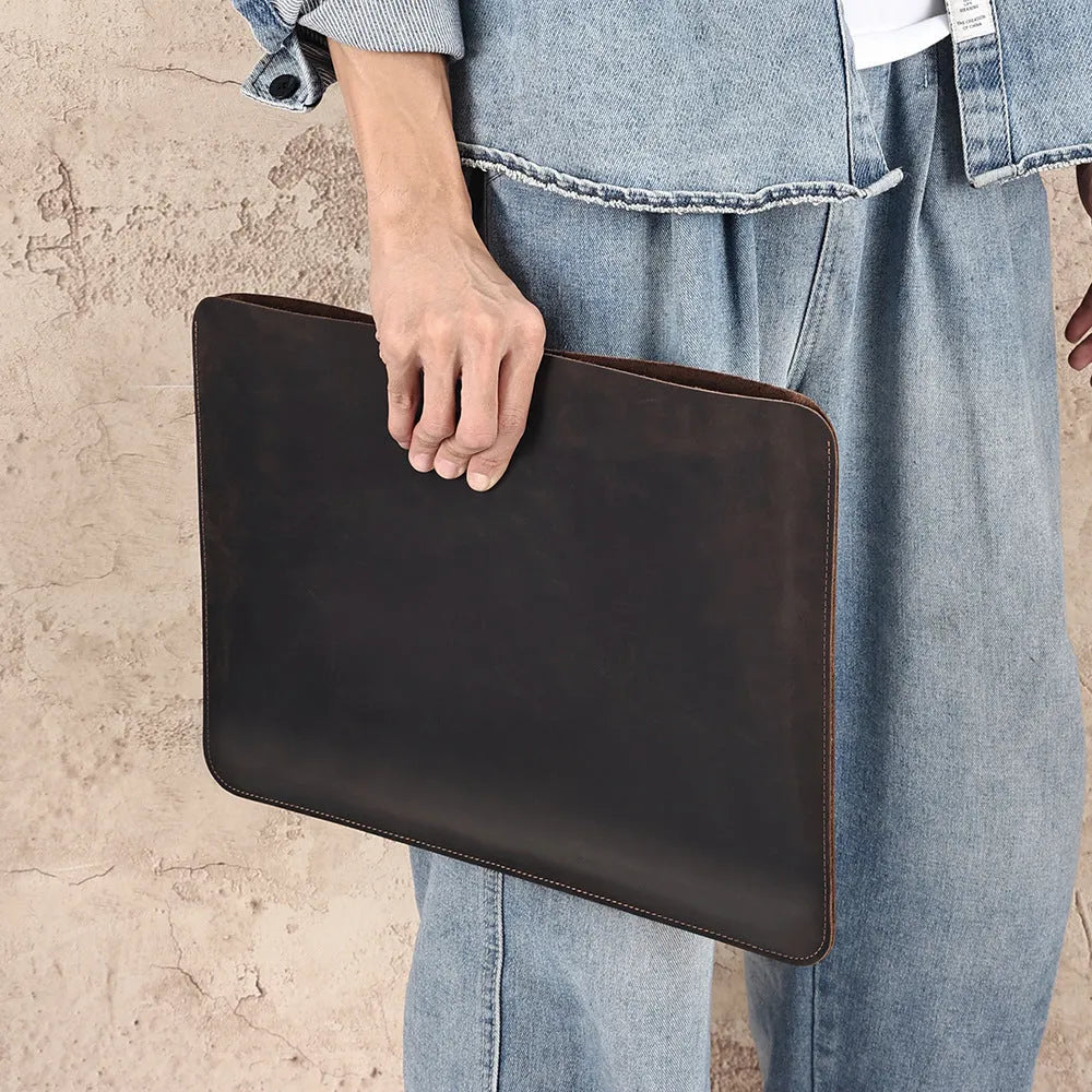 Horizontal computer liner bag in Crazy Horse leather with two size options