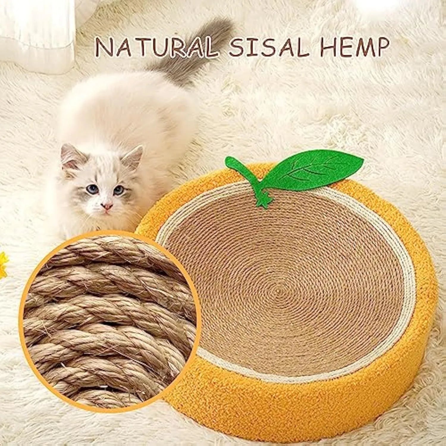 Yellow round cat scratching board made from sisal rope with concave centre for sleeping