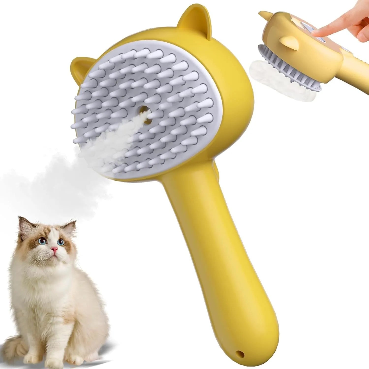 Blue cat steam brush with ergonomic handle, soft rubber teeth, and release button for pet grooming